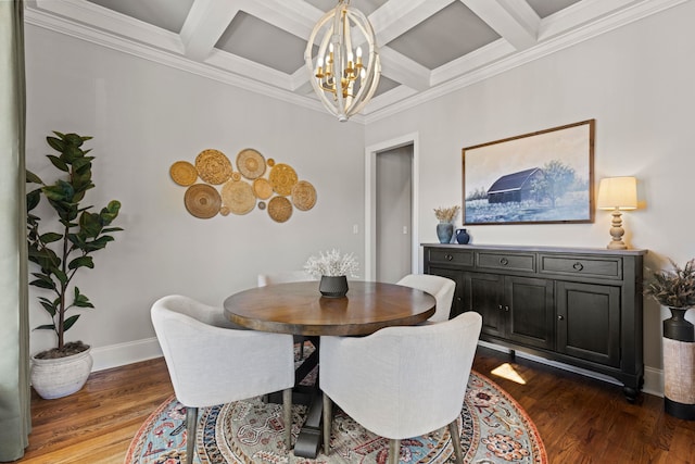 dining space with beam ceiling, a notable chandelier, coffered ceiling, dark wood finished floors, and baseboards