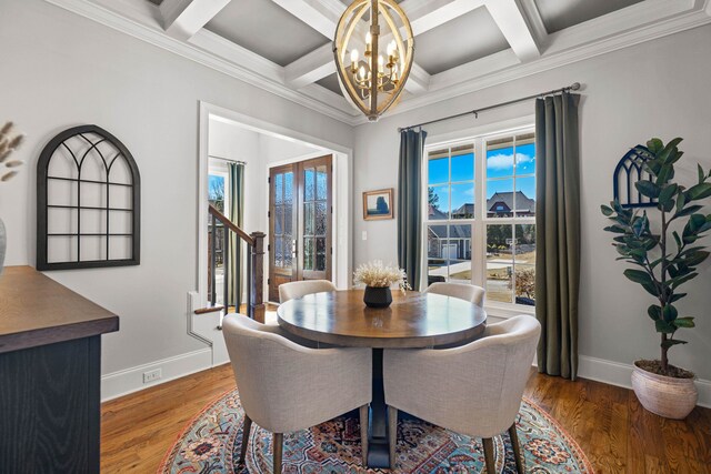 dining area with baseboards, coffered ceiling, an inviting chandelier, and wood finished floors