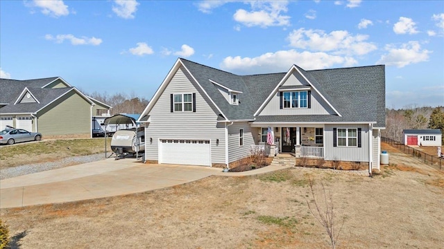 view of front of home featuring driveway, a porch, an attached garage, a shingled roof, and crawl space