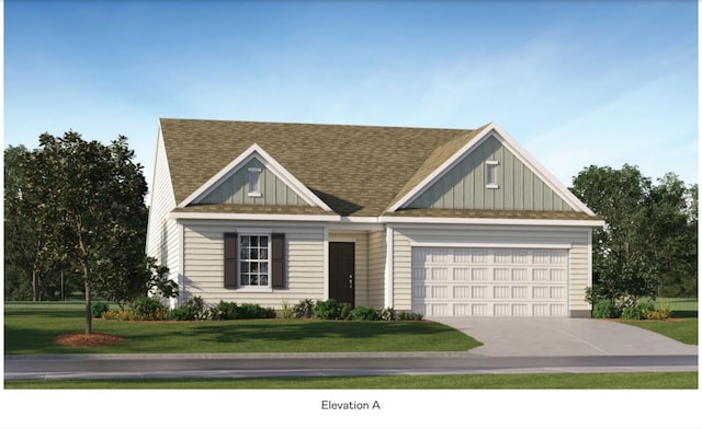 view of front of home with a front yard, concrete driveway, and board and batten siding