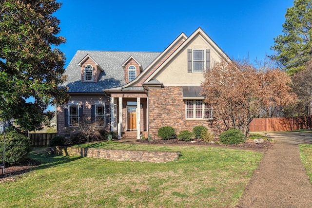 traditional-style home with stucco siding, stone siding, a front yard, and fence