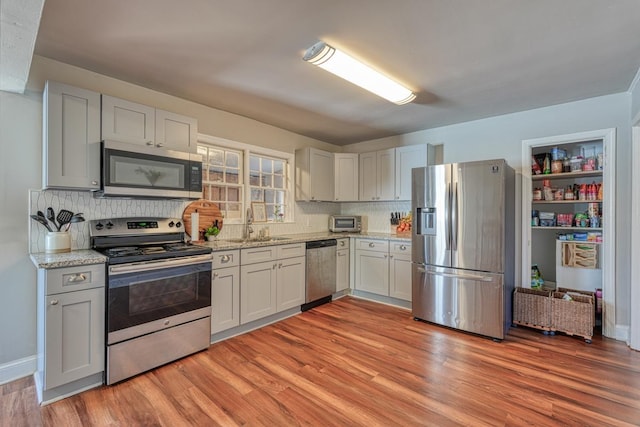 kitchen with a sink, decorative backsplash, light wood finished floors, and stainless steel appliances