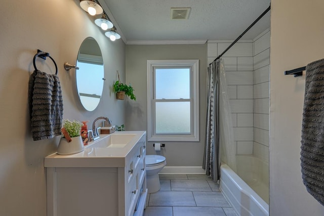 bathroom featuring vanity, visible vents, tile patterned flooring, a textured ceiling, and toilet