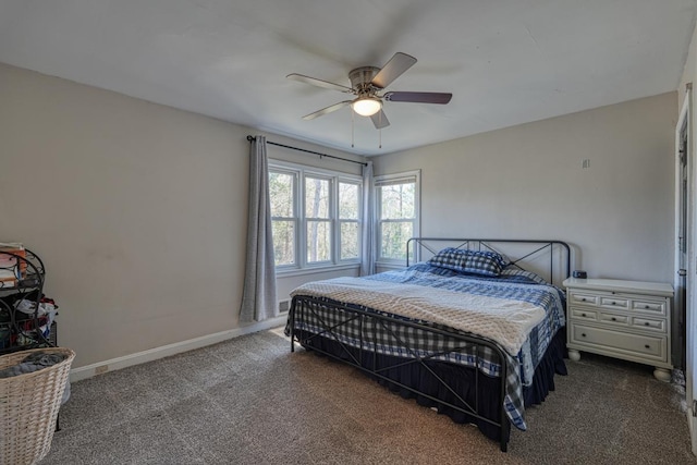 bedroom featuring a ceiling fan, baseboards, and carpet floors