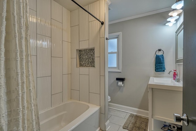 bathroom featuring vanity, shower / bathtub combination with curtain, baseboards, crown molding, and tile patterned floors