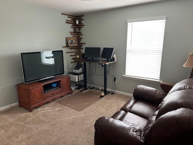 living area featuring carpet flooring and baseboards