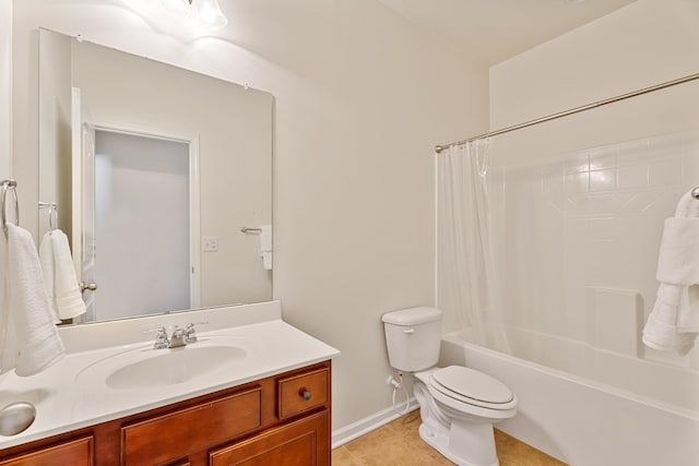 full bathroom with vanity, tile patterned floors, shower / bath combination with curtain, and toilet