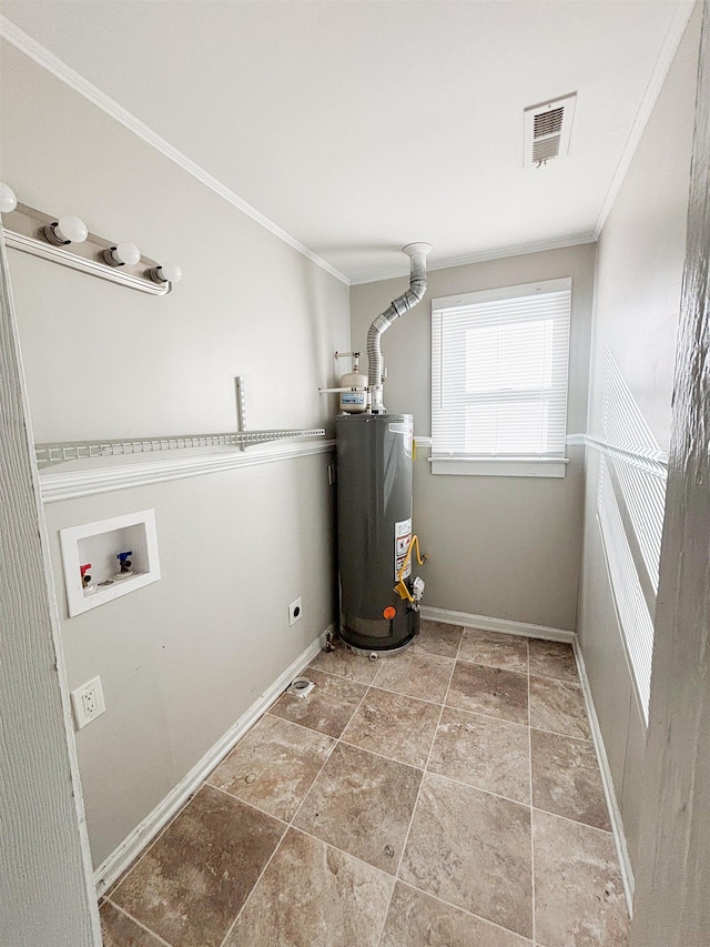 laundry room featuring laundry area, gas water heater, visible vents, and ornamental molding