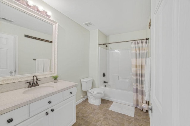 bathroom with visible vents, toilet, vanity, and shower / bathtub combination with curtain