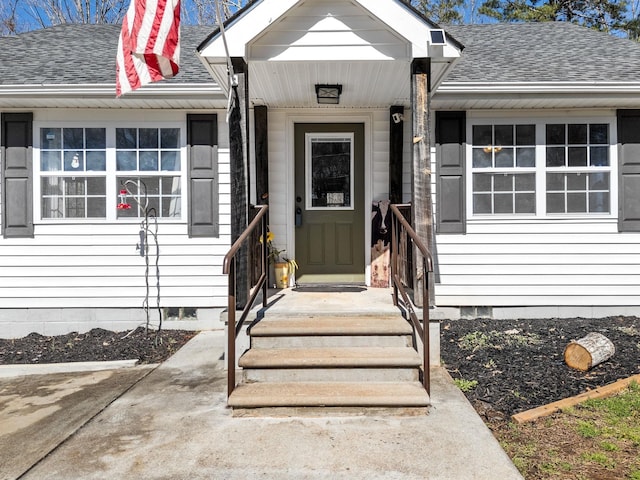 doorway to property with roof with shingles and crawl space