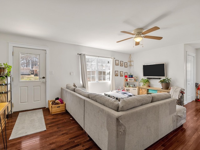 living room featuring dark wood-style floors and ceiling fan