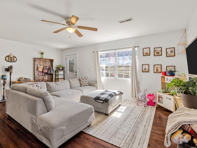 living room with dark wood-type flooring, a ceiling fan, and visible vents