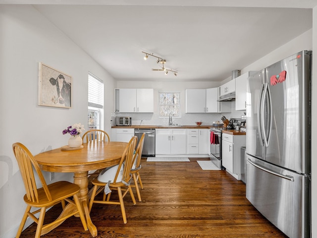 kitchen featuring dark wood finished floors, under cabinet range hood, appliances with stainless steel finishes, white cabinetry, and backsplash