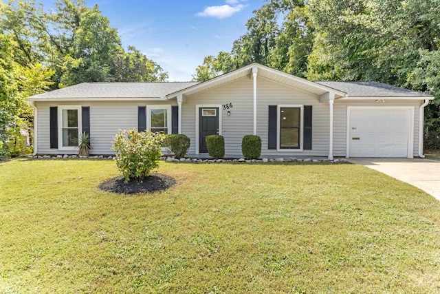 single story home featuring an attached garage, concrete driveway, a front yard, and a shingled roof