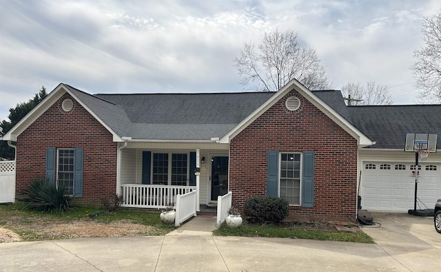 view of front of home featuring brick siding, a porch, concrete driveway, roof with shingles, and an attached garage