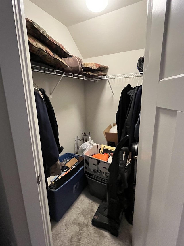 walk in closet with lofted ceiling and carpet flooring