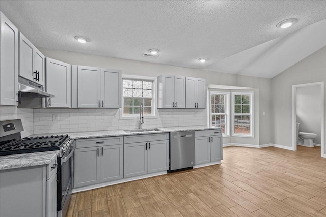 kitchen with light wood-style flooring, a sink, vaulted ceiling, under cabinet range hood, and appliances with stainless steel finishes