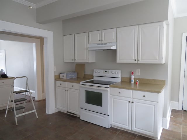 kitchen with white electric stove, light countertops, under cabinet range hood, white cabinetry, and crown molding