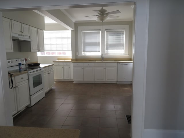 kitchen featuring white appliances, a ceiling fan, ornamental molding, under cabinet range hood, and white cabinetry