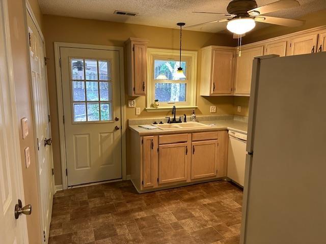 kitchen featuring ceiling fan, dishwasher, light countertops, freestanding refrigerator, and a sink