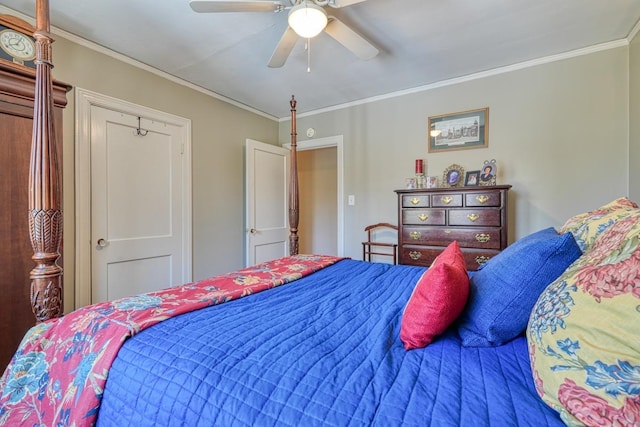 bedroom featuring a ceiling fan and crown molding