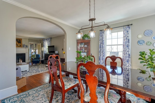 dining room with crown molding, wood finished floors, arched walkways, and a fireplace with raised hearth