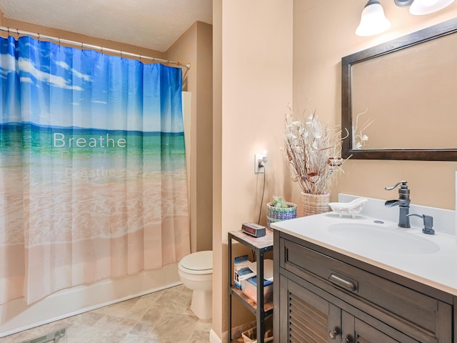 bathroom featuring toilet, shower / bath combo, and vanity