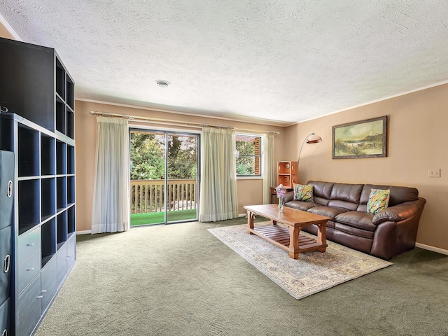 living area with a textured ceiling, carpet, visible vents, and baseboards