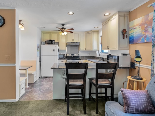 kitchen featuring under cabinet range hood, a peninsula, cream cabinets, stainless steel appliances, and a sink