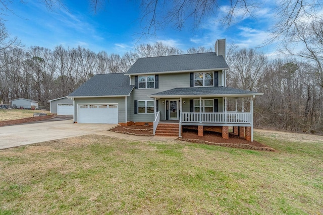 view of front of home with a front lawn, driveway, a porch, a shingled roof, and a chimney