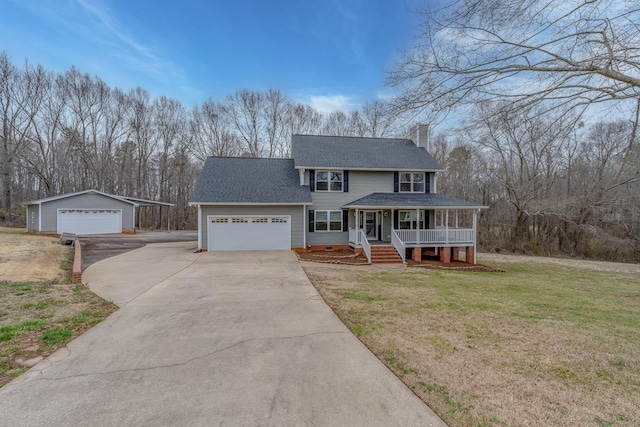 view of front of house with a shingled roof, a front lawn, a porch, concrete driveway, and a chimney