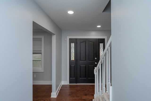 entryway featuring stairs, recessed lighting, wood finished floors, and baseboards