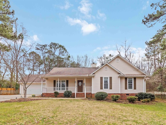 single story home featuring a front yard, fence, driveway, a porch, and crawl space