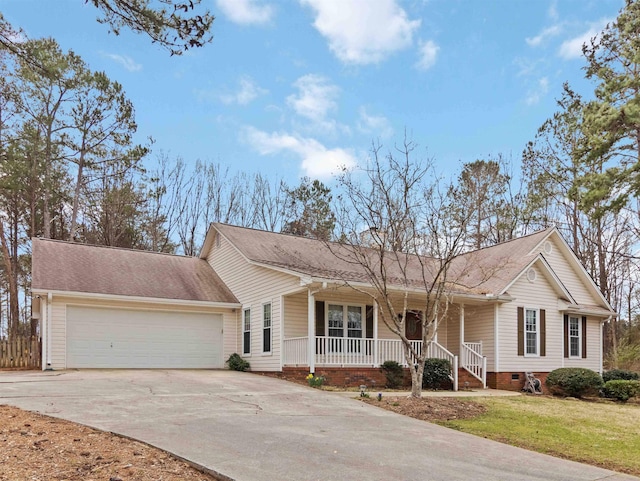 ranch-style house with a garage, a front lawn, driveway, covered porch, and crawl space