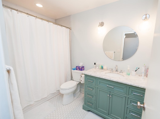 bathroom featuring vanity, a shower with shower curtain, recessed lighting, tile patterned flooring, and toilet