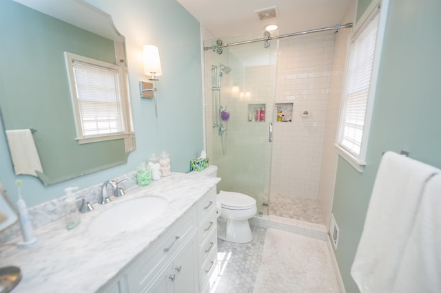 full bath with a shower stall, toilet, a healthy amount of sunlight, and visible vents