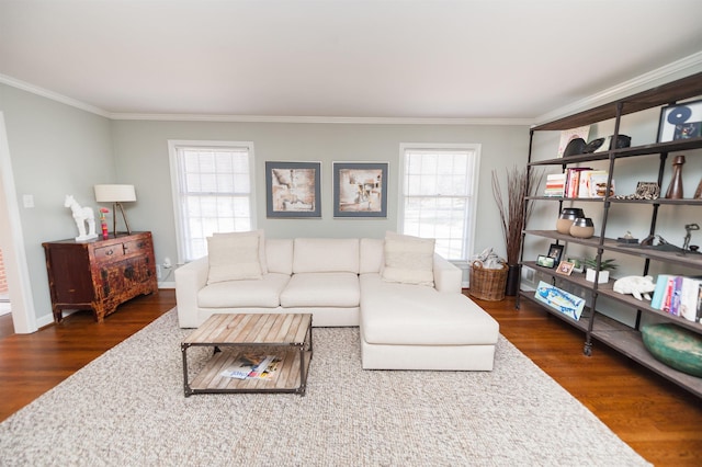 living area featuring plenty of natural light, crown molding, and wood finished floors