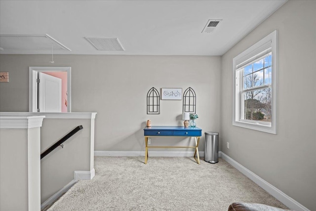 office featuring attic access, carpet, visible vents, and baseboards