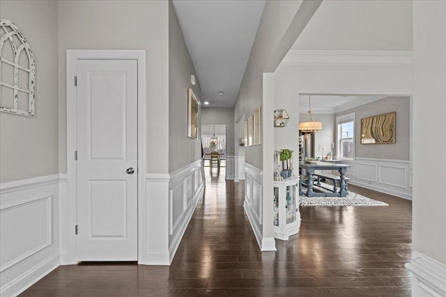 entrance foyer with dark wood-style floors, a decorative wall, wainscoting, and ornamental molding