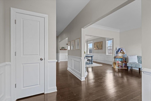 interior space with a wainscoted wall, dark wood-style flooring, and a decorative wall