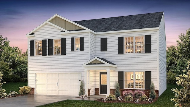 view of front of home featuring brick siding, board and batten siding, a shingled roof, concrete driveway, and a garage