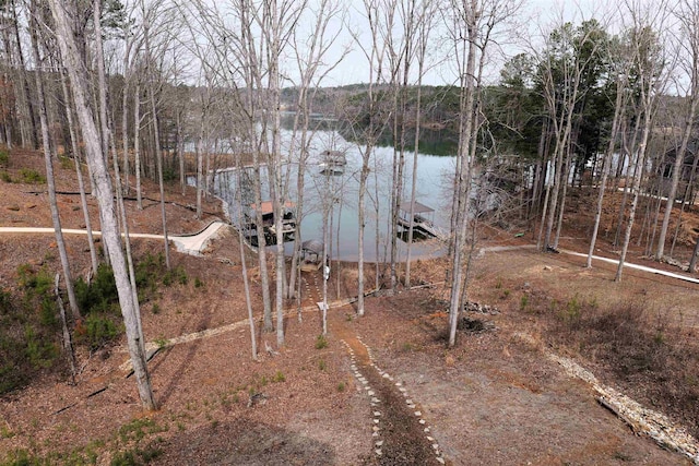 view of yard with a forest view, a water view, and a floating dock