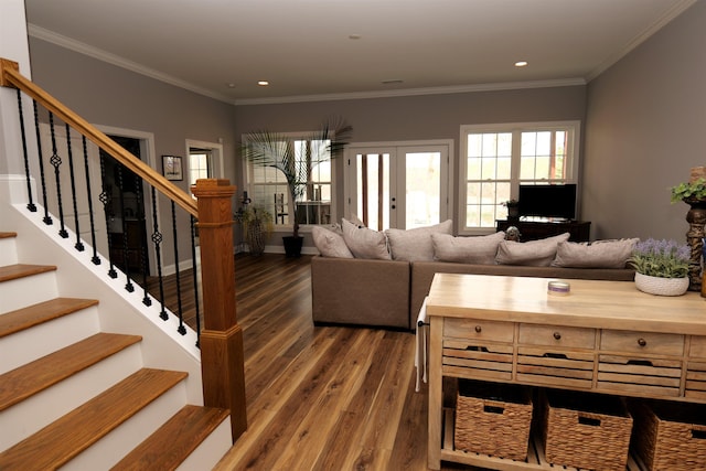 living room with stairs, crown molding, recessed lighting, and wood finished floors