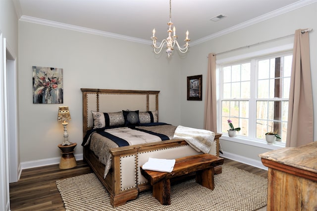 bedroom featuring visible vents, baseboards, dark wood-type flooring, and a chandelier