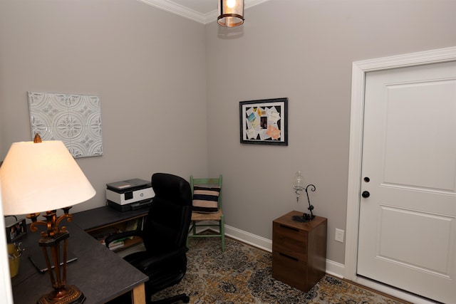 office space with baseboards and ornamental molding