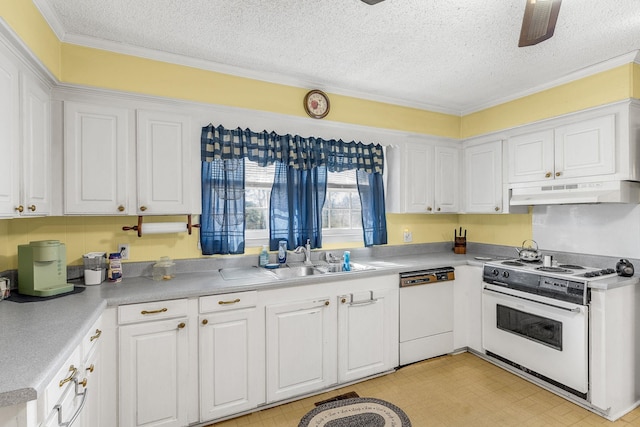 kitchen with under cabinet range hood, light floors, white cabinets, white appliances, and a sink