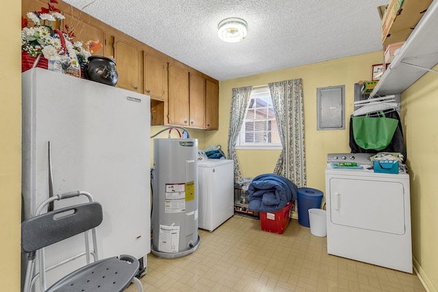 washroom featuring electric panel, cabinet space, water heater, a textured ceiling, and washer and clothes dryer