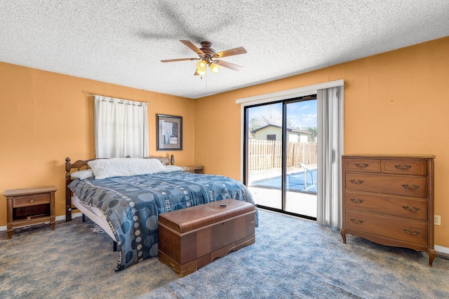 bedroom featuring a ceiling fan, baseboards, a textured ceiling, access to outside, and carpet flooring