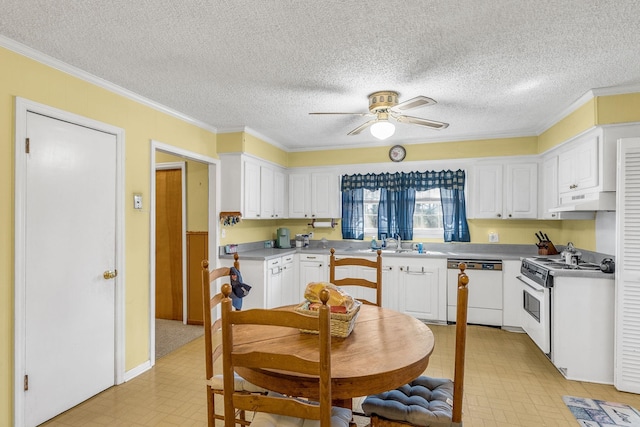 kitchen featuring ceiling fan, under cabinet range hood, white cabinets, white appliances, and a sink