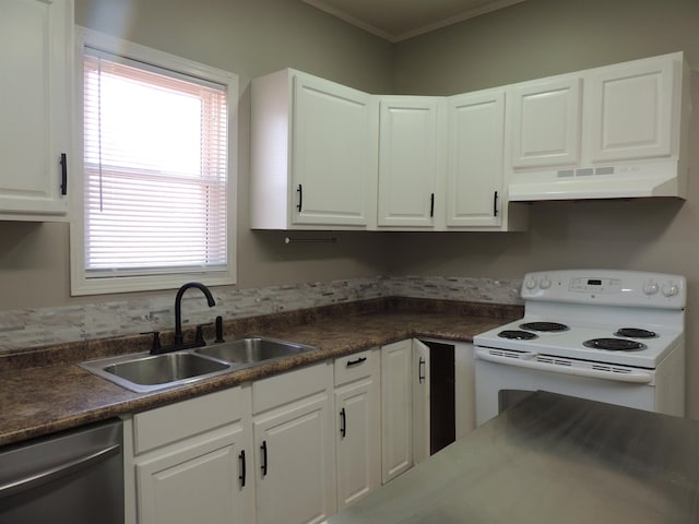 kitchen featuring under cabinet range hood, a sink, white cabinetry, white range with electric stovetop, and dishwasher